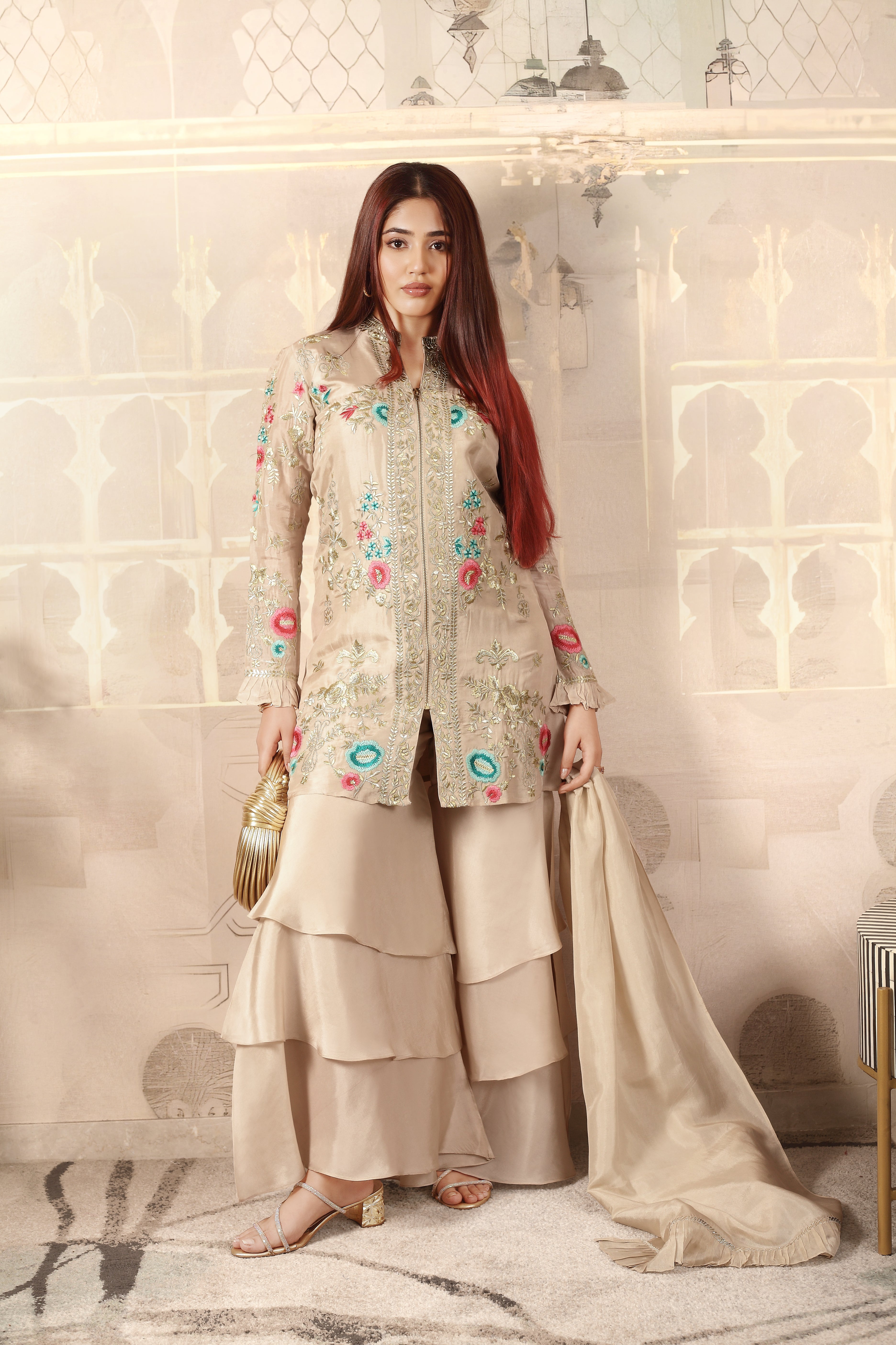 Champagne Gold Embroidered Layered Palazzo Set