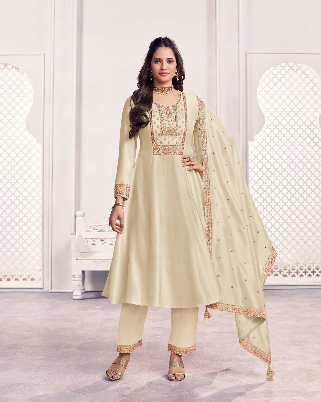 Ivory Gilded Embellished Vichitra Silk Anarkali Set