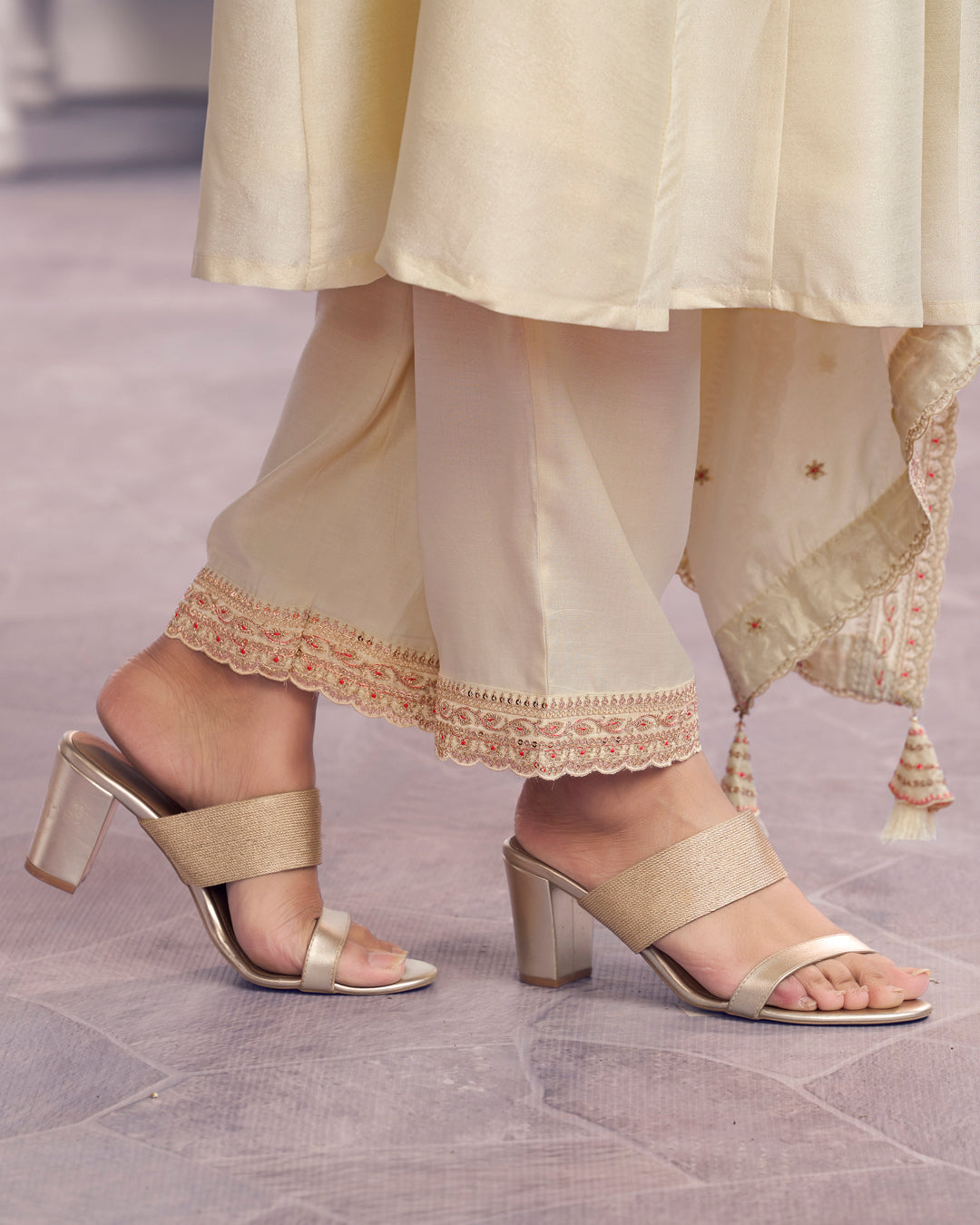 Ivory Gilded Embellished Vichitra Silk Anarkali Set