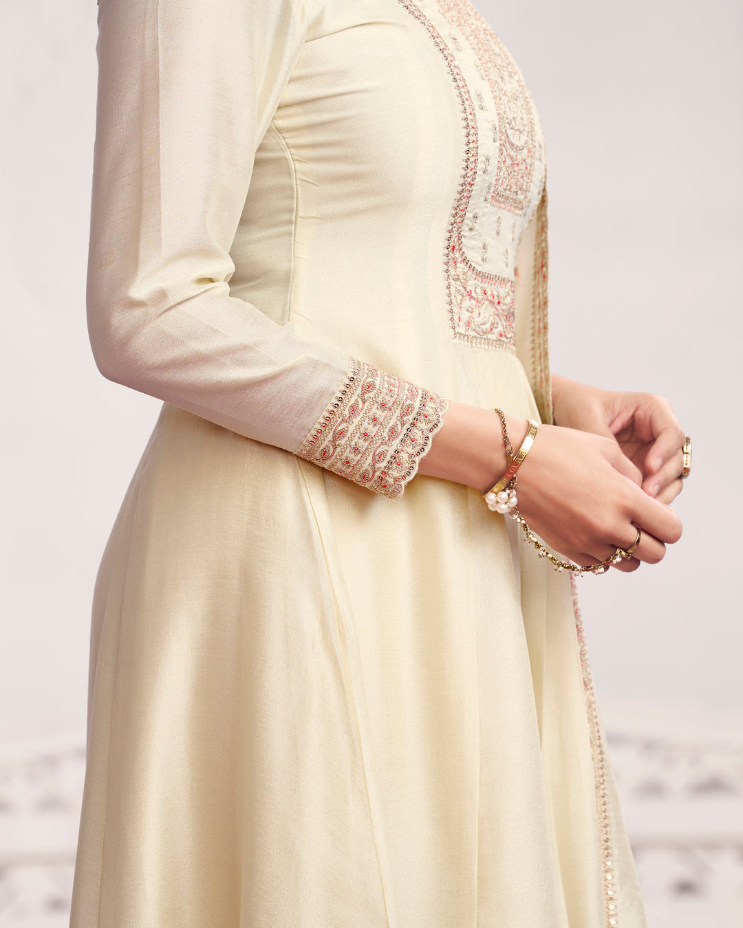 Ivory Gilded Embellished Vichitra Silk Anarkali Set