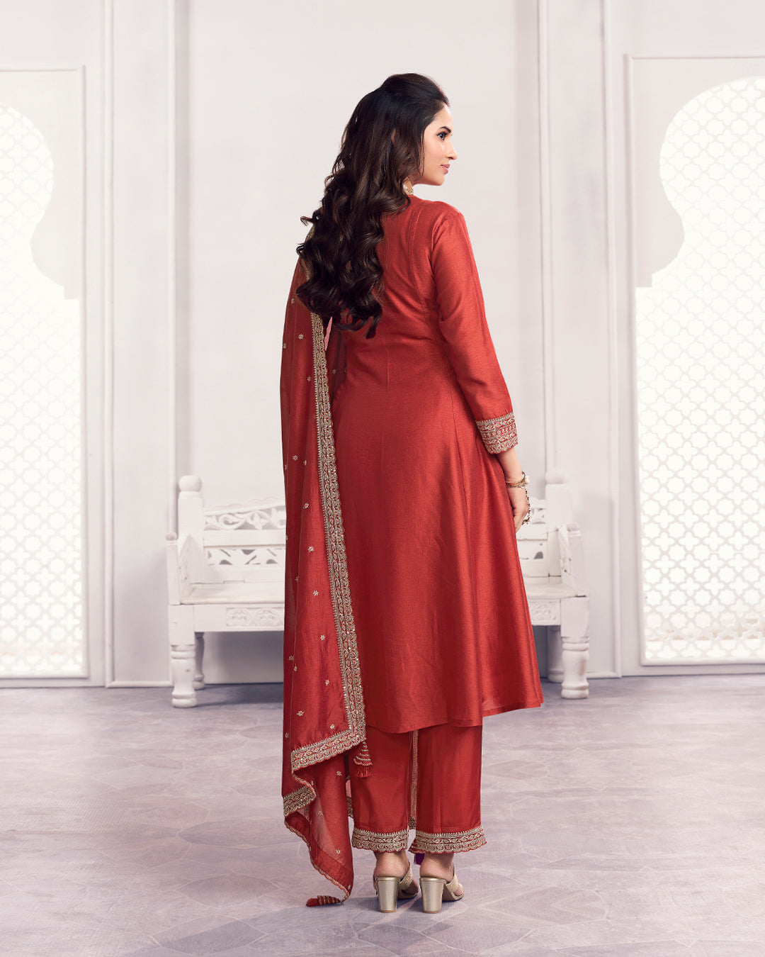 Terracotta Gilded Embellished Vichitra Silk Anarkali Set