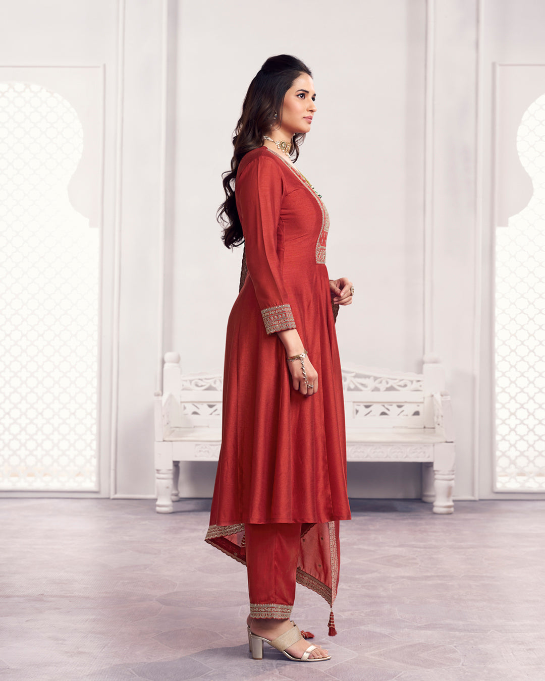 Terracotta Gilded Embellished Vichitra Silk Anarkali Set