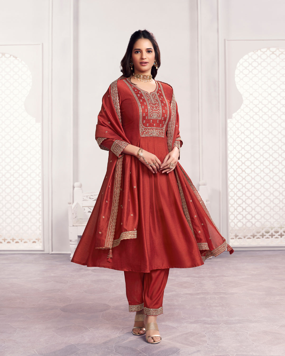 Terracotta Gilded Embellished Vichitra Silk Anarkali Set