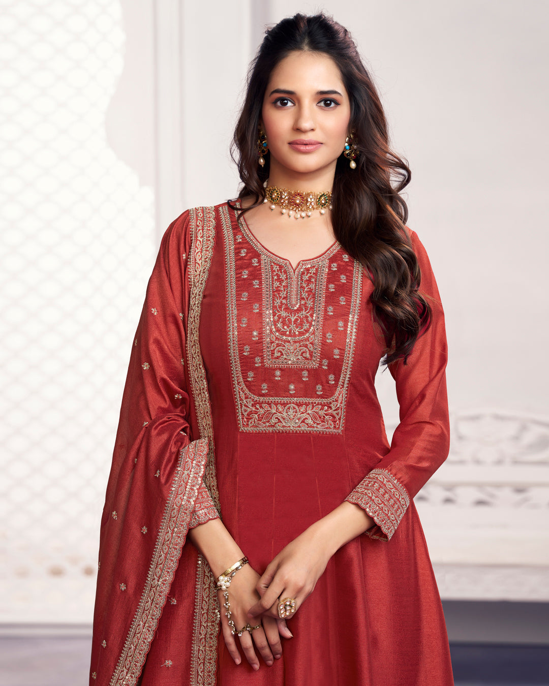 Terracotta Gilded Embellished Vichitra Silk Anarkali Set