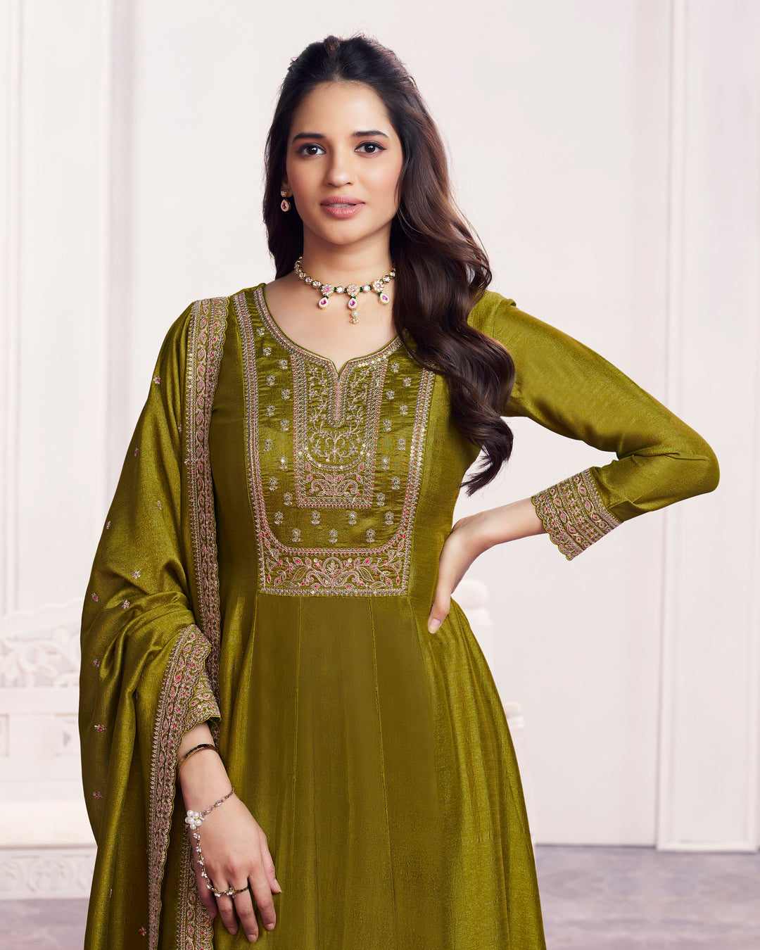 Moss Gilded Embellished Vichitra Silk Anarkali Set