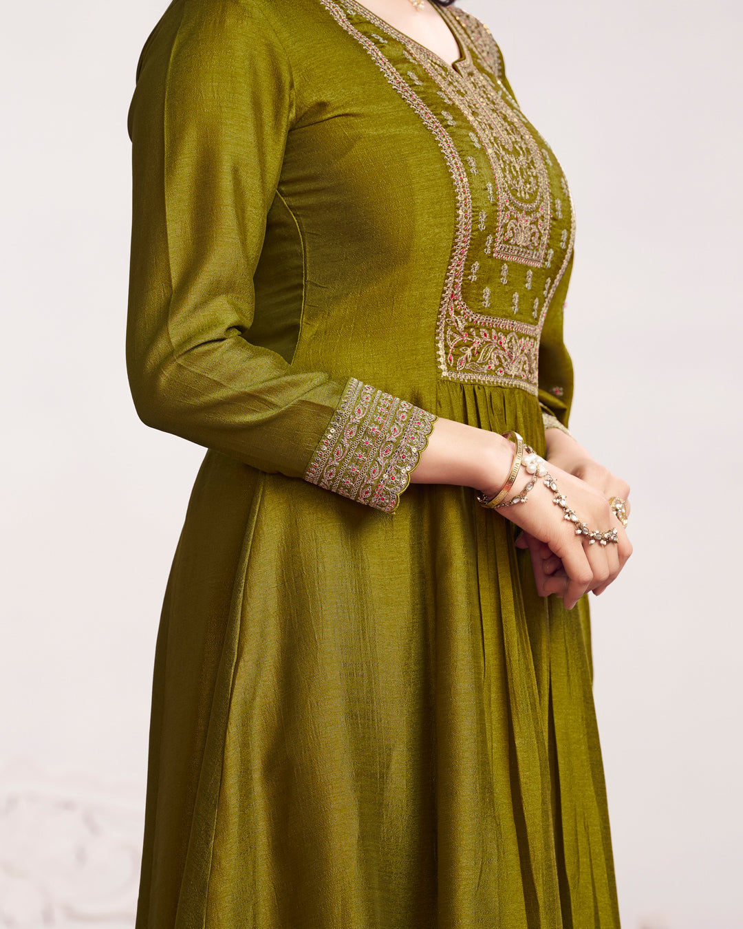 Moss Gilded Embellished Vichitra Silk Anarkali Set