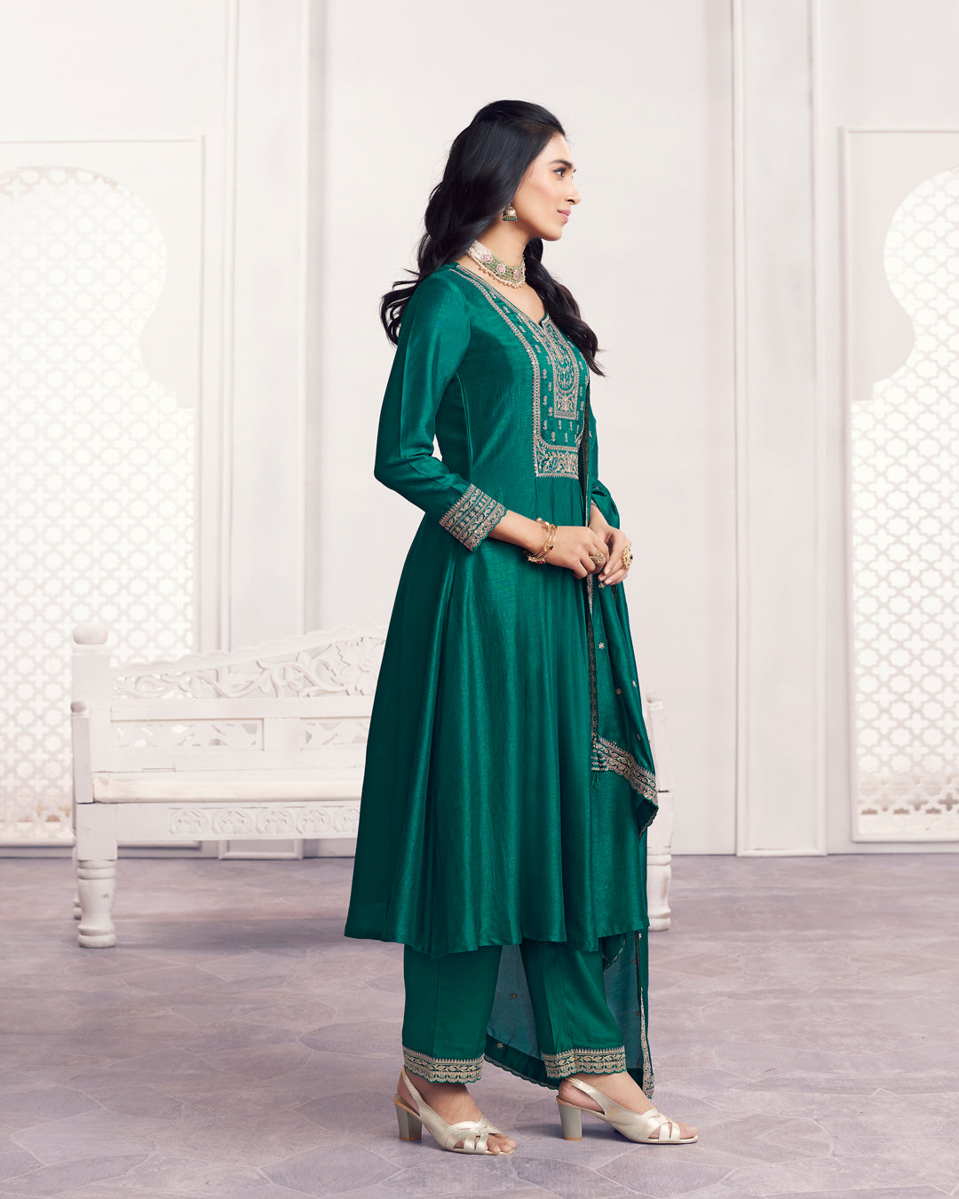 Teal Gilded Embellished Vichitra Silk Anarkali Set