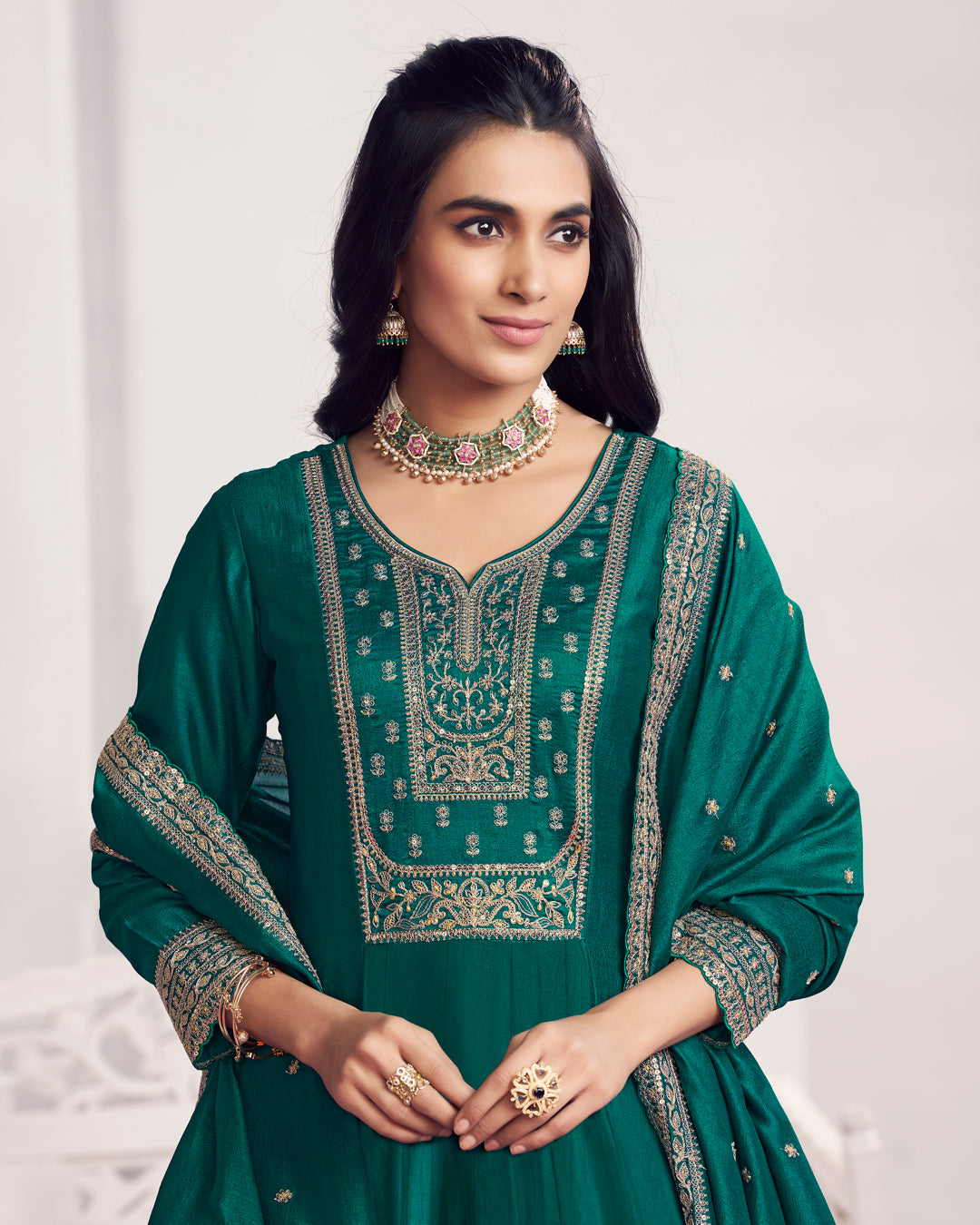 Teal Gilded Embellished Vichitra Silk Anarkali Set