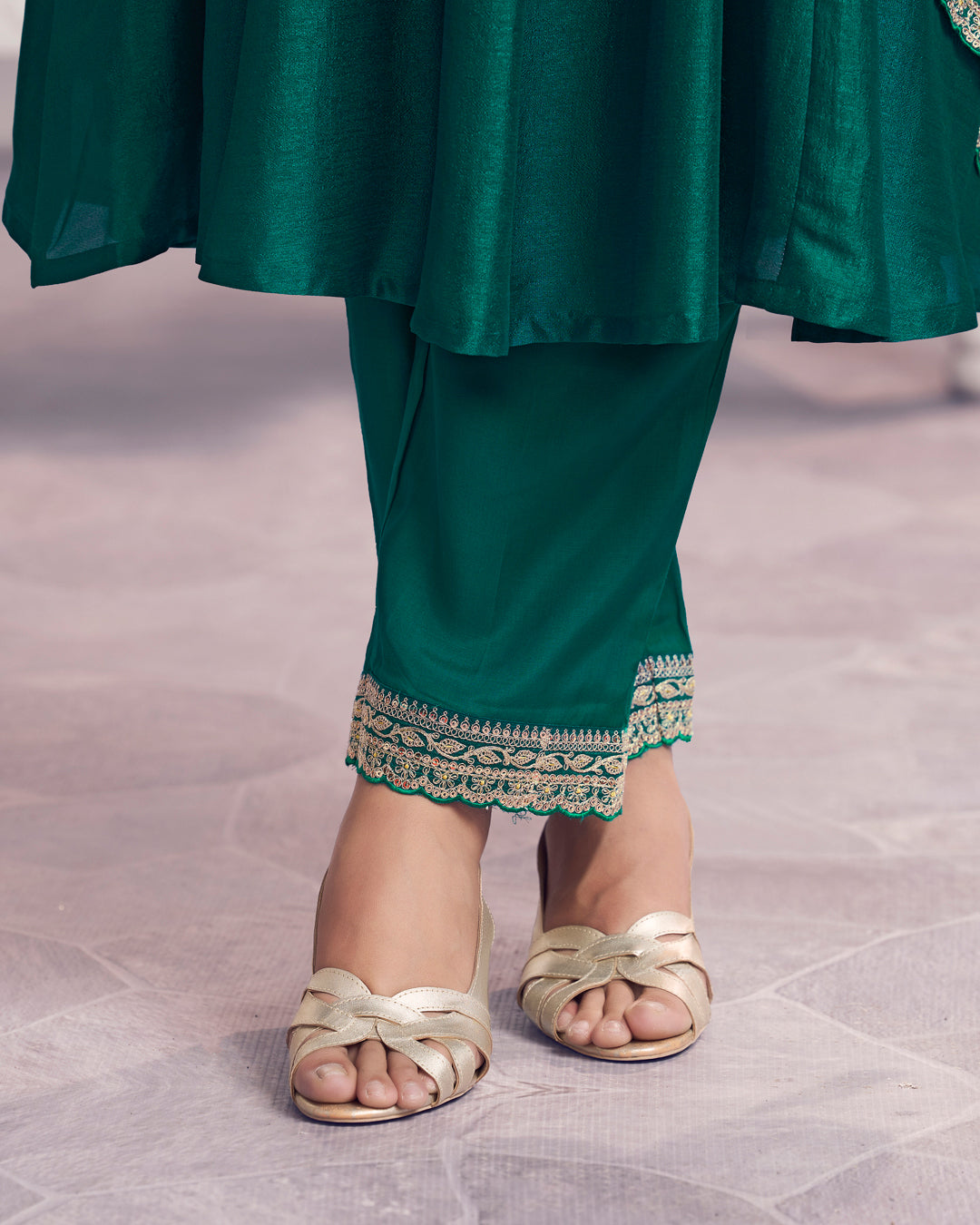 Teal Gilded Embellished Vichitra Silk Anarkali Set
