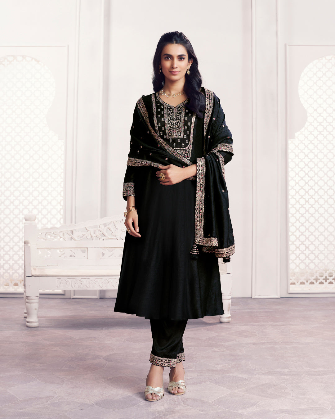Onyx Gilded Embellished Vichitra Silk Anarkali Set