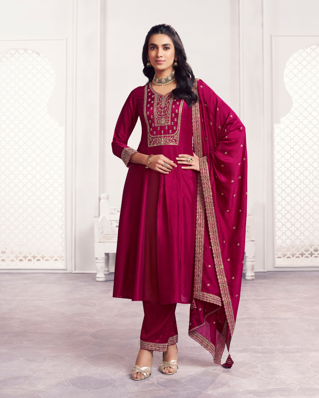 Wine Gilded Embellished Vichitra Silk Anarkali Set