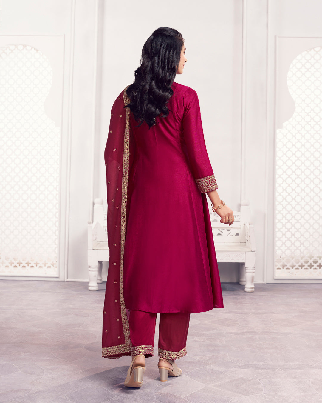 Wine Gilded Embellished Vichitra Silk Anarkali Set