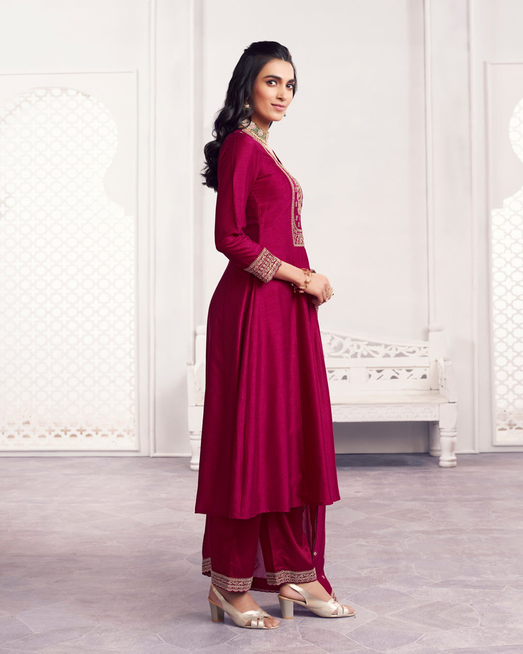 Wine Gilded Embellished Vichitra Silk Anarkali Set
