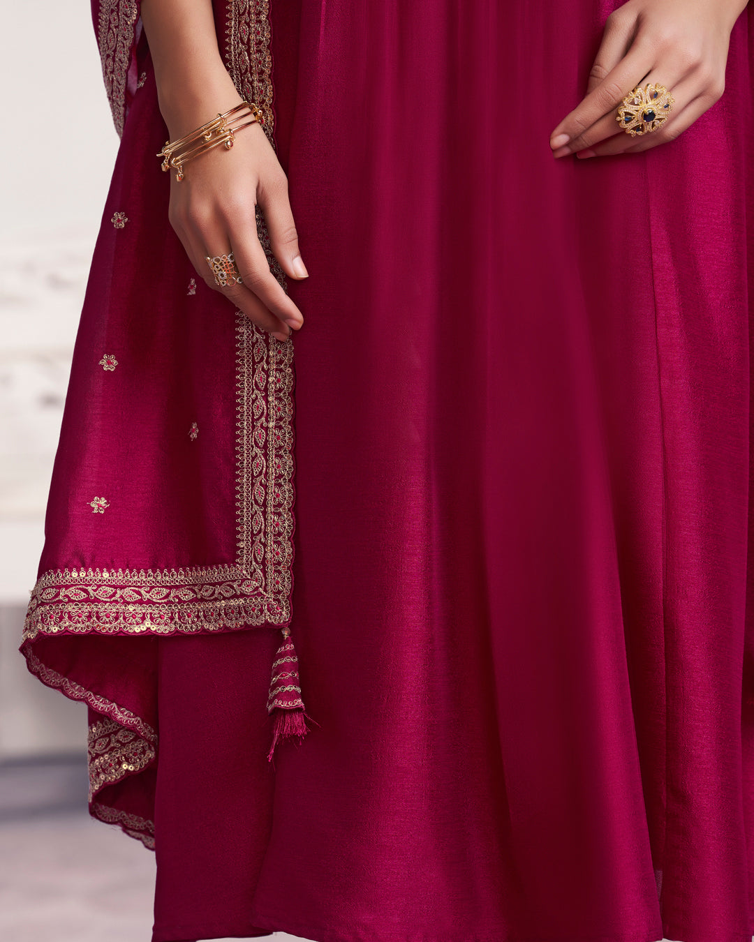 Wine Gilded Embellished Vichitra Silk Anarkali Set