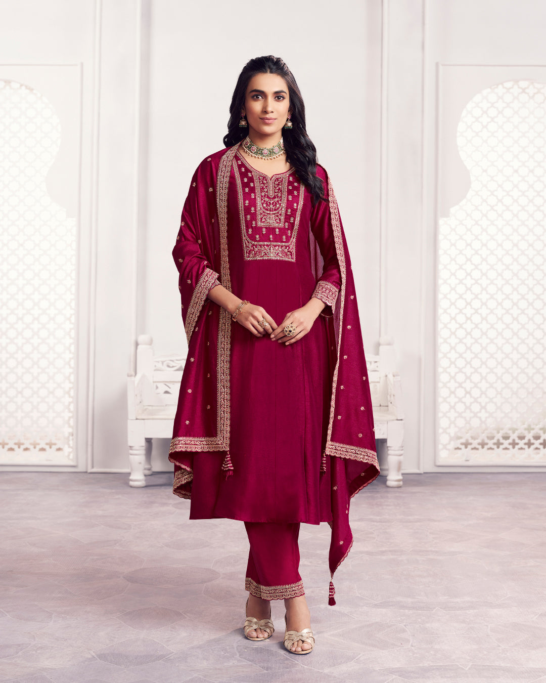 Wine Gilded Embellished Vichitra Silk Anarkali Set