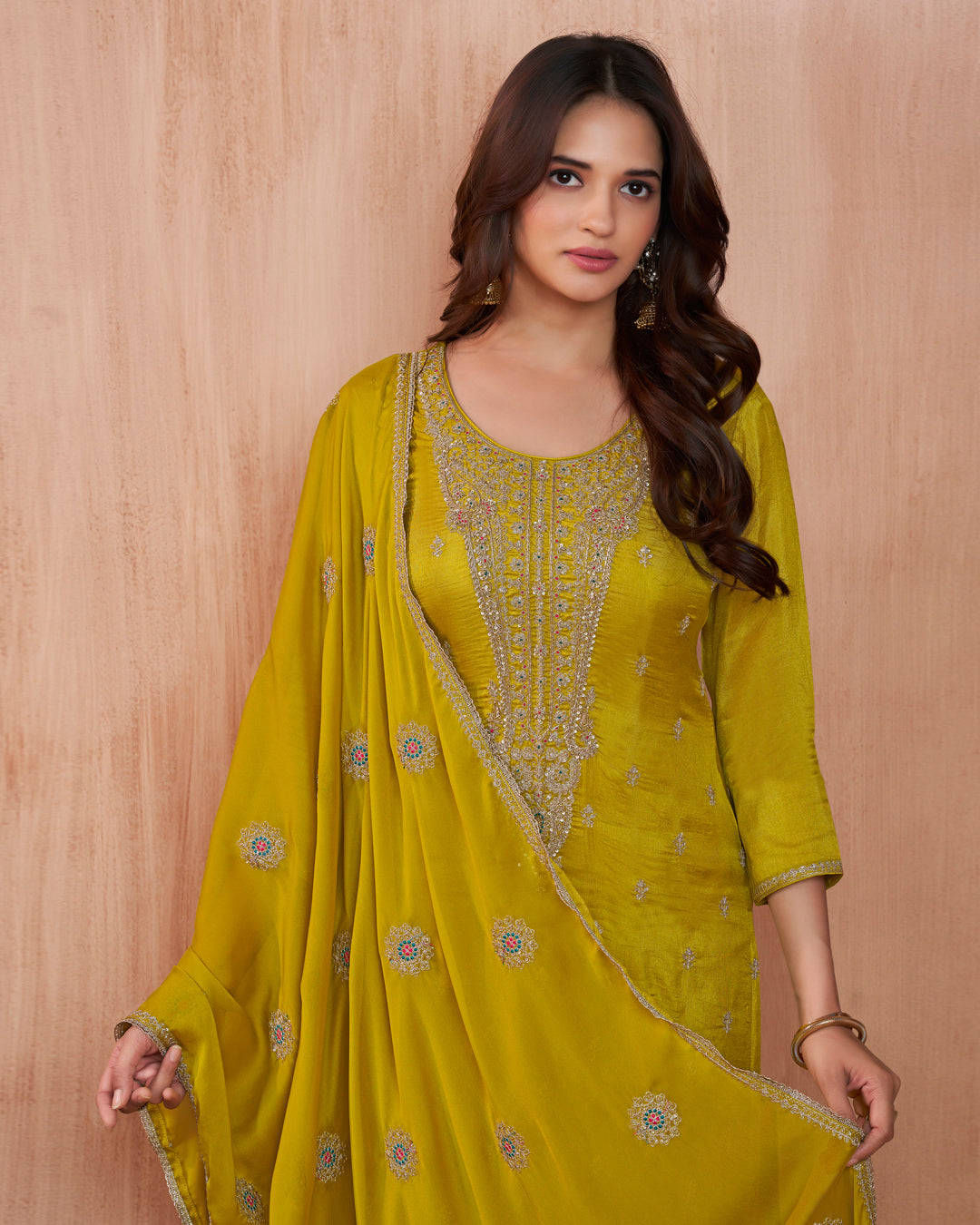 Citrine Bloom Embellished Vichitra Silk Pant Set