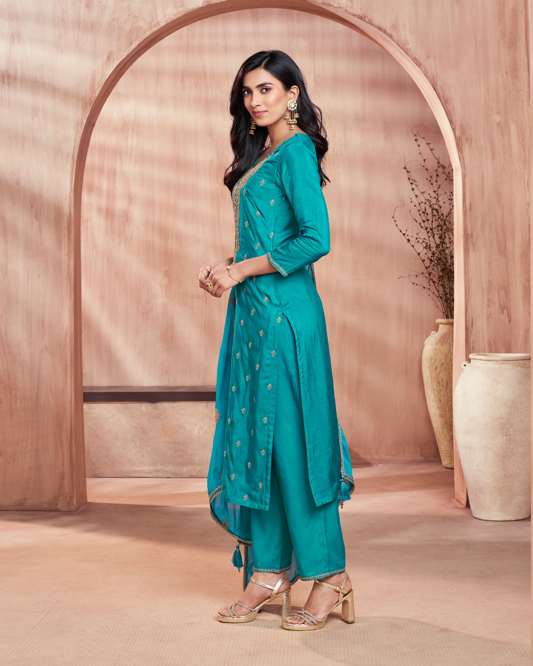 Cerulean Bloom Embellished Vichitra Silk Pant Set
