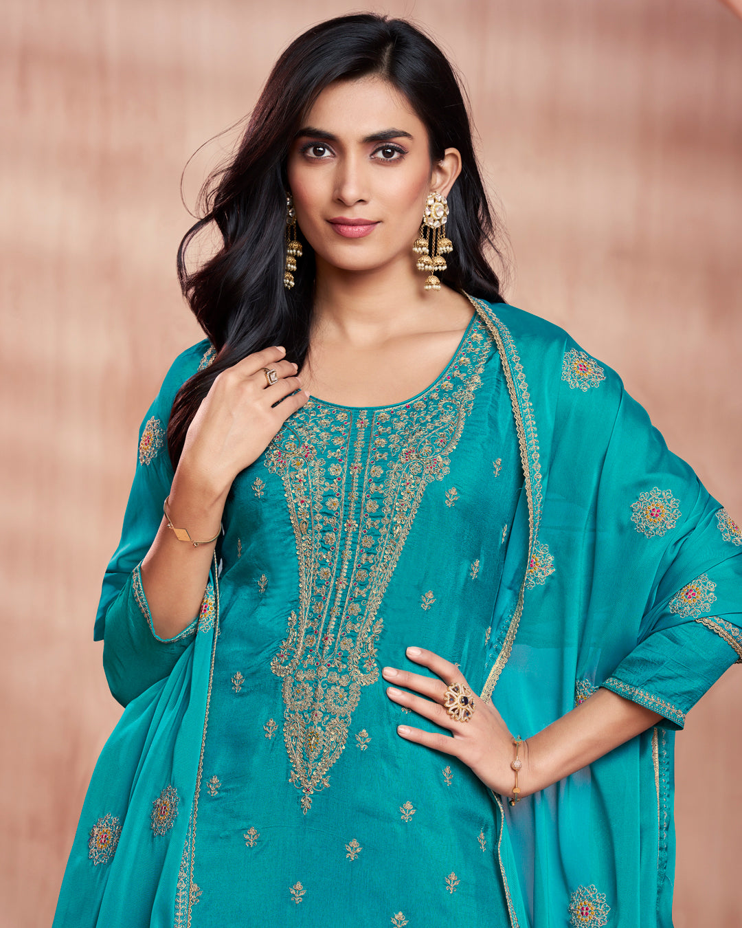 Cerulean Bloom Embellished Vichitra Silk Pant Set