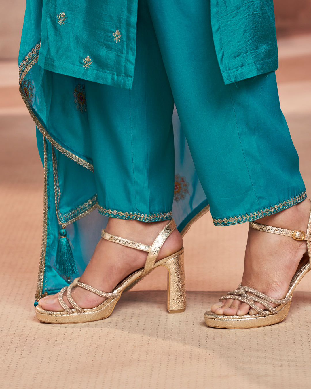 Cerulean Bloom Embellished Vichitra Silk Pant Set