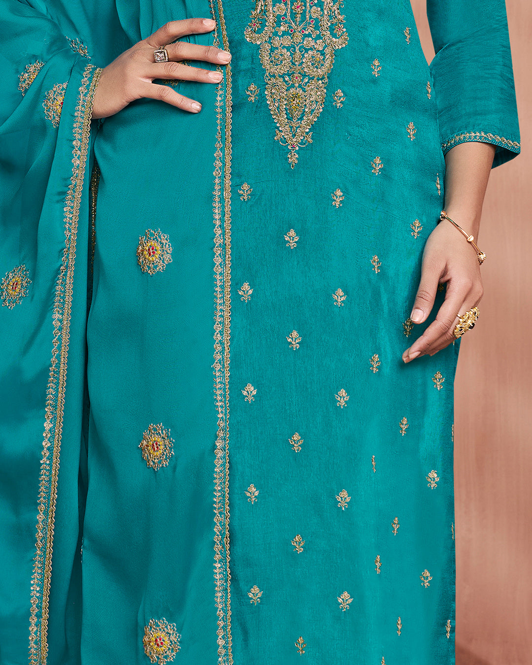Cerulean Bloom Embellished Vichitra Silk Pant Set