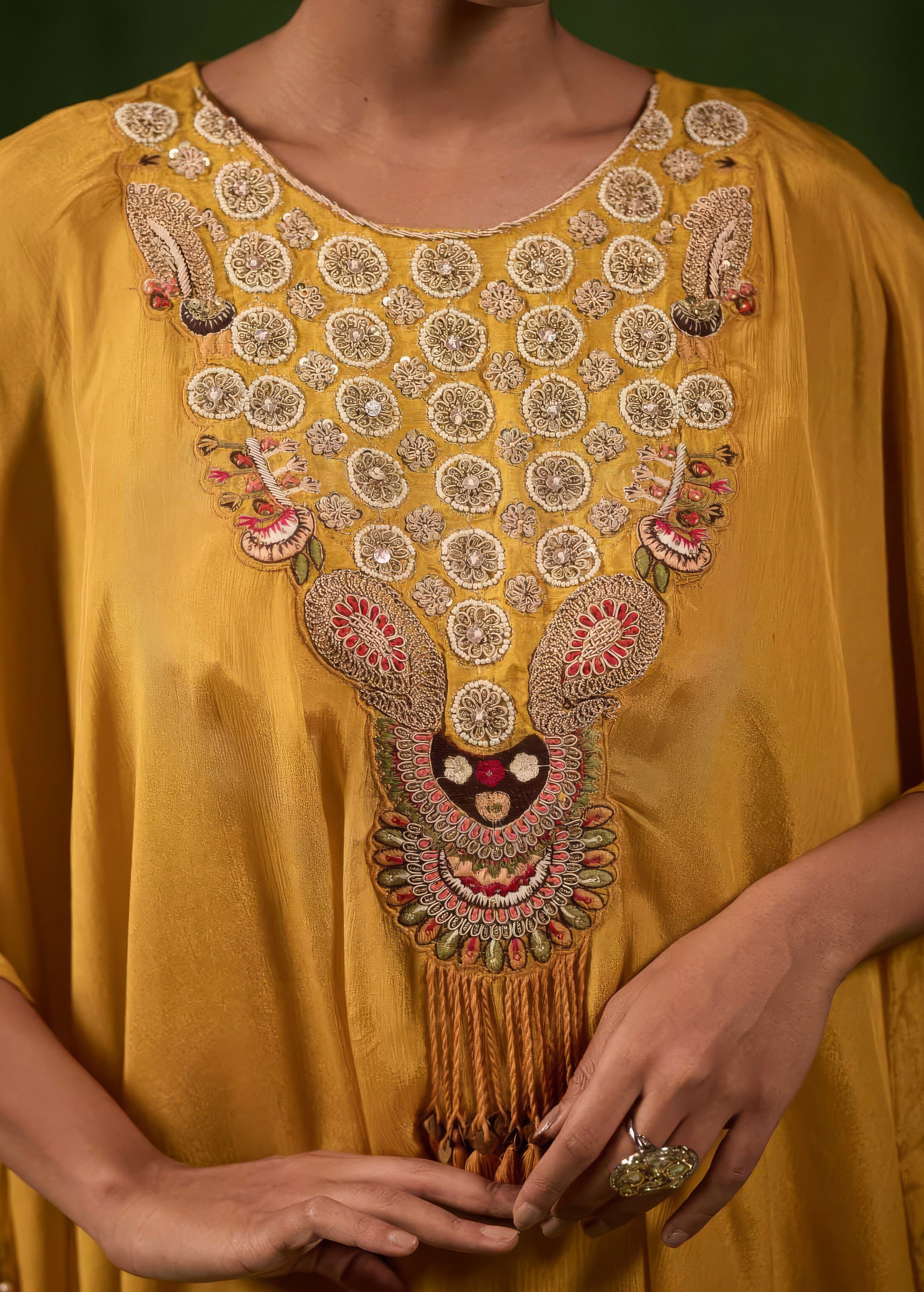 Golden Mustard Embellished Chinon Silk Kaftan Set