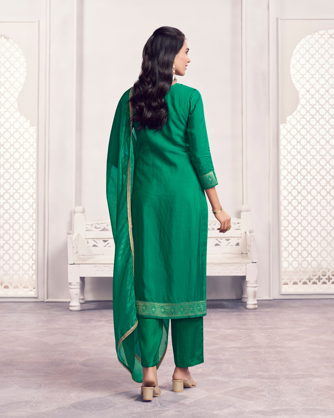 Jade Glow Embellished Chiniya Silk Pant Set