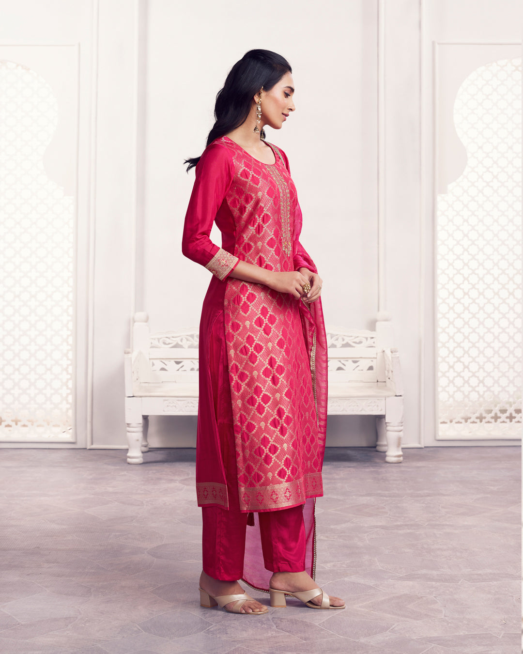 Rose Glow Embellished Chiniya Silk Pant Set