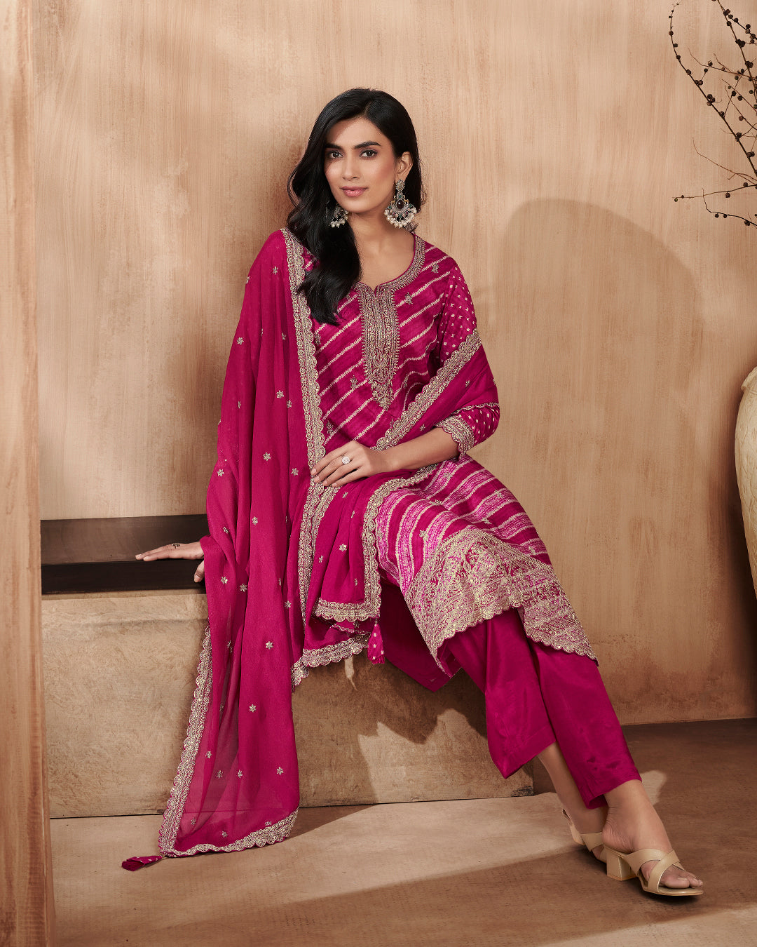 Plum Grace Embellished Dola Silk Pant Set