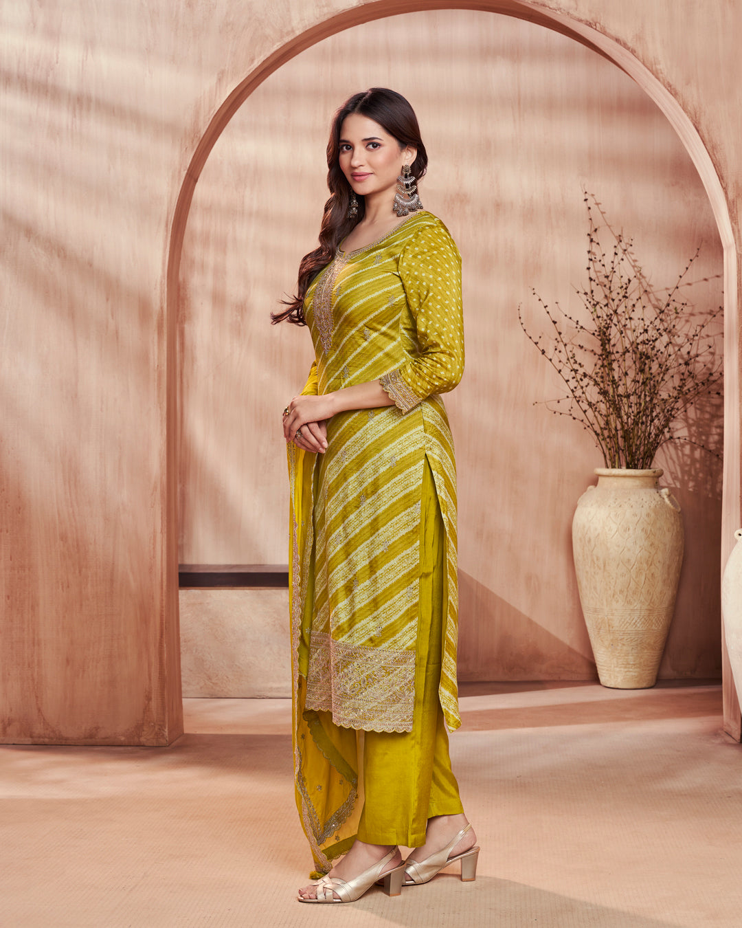 Olive Grace Embellished Dola Silk Pant Set