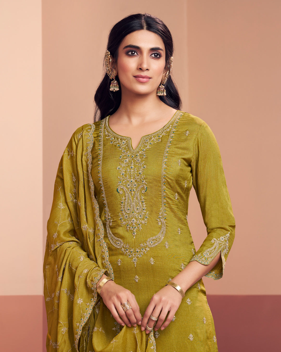 Olive Muse Embellished Dola Silk Pant Set