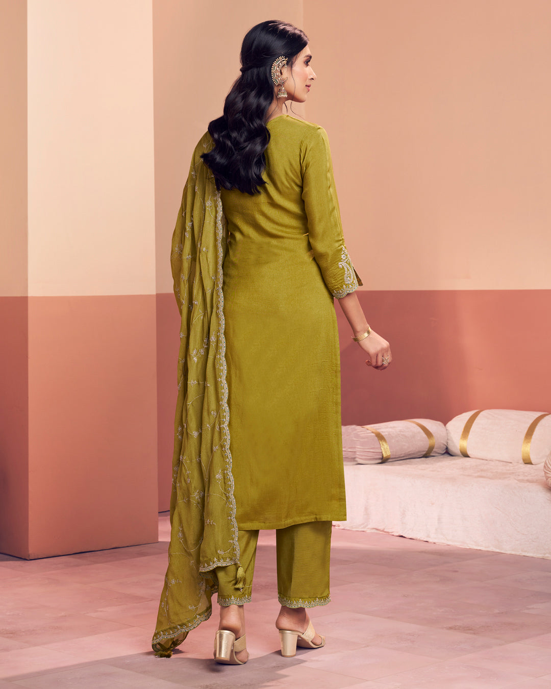 Olive Muse Embellished Dola Silk Pant Set