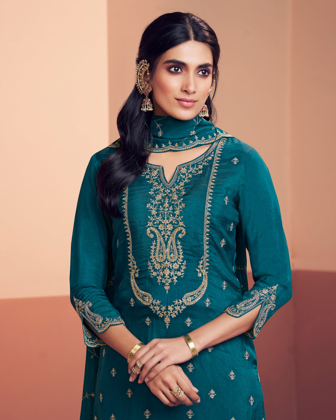 Teal Muse Embellished Dola Silk Pant Set