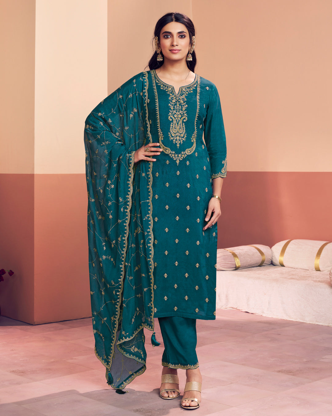Teal Muse Embellished Dola Silk Pant Set