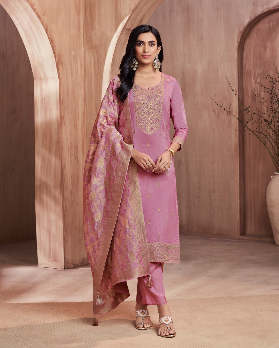 Lilac Allure Embellished Dola Silk Pant Set