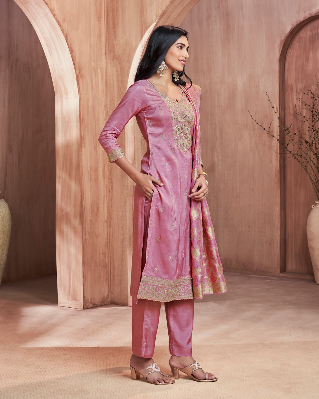 Lilac Allure Embellished Dola Silk Pant Set