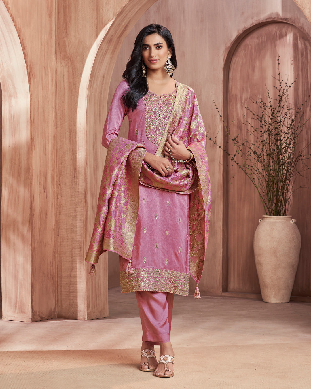 Lilac Allure Embellished Dola Silk Pant Set