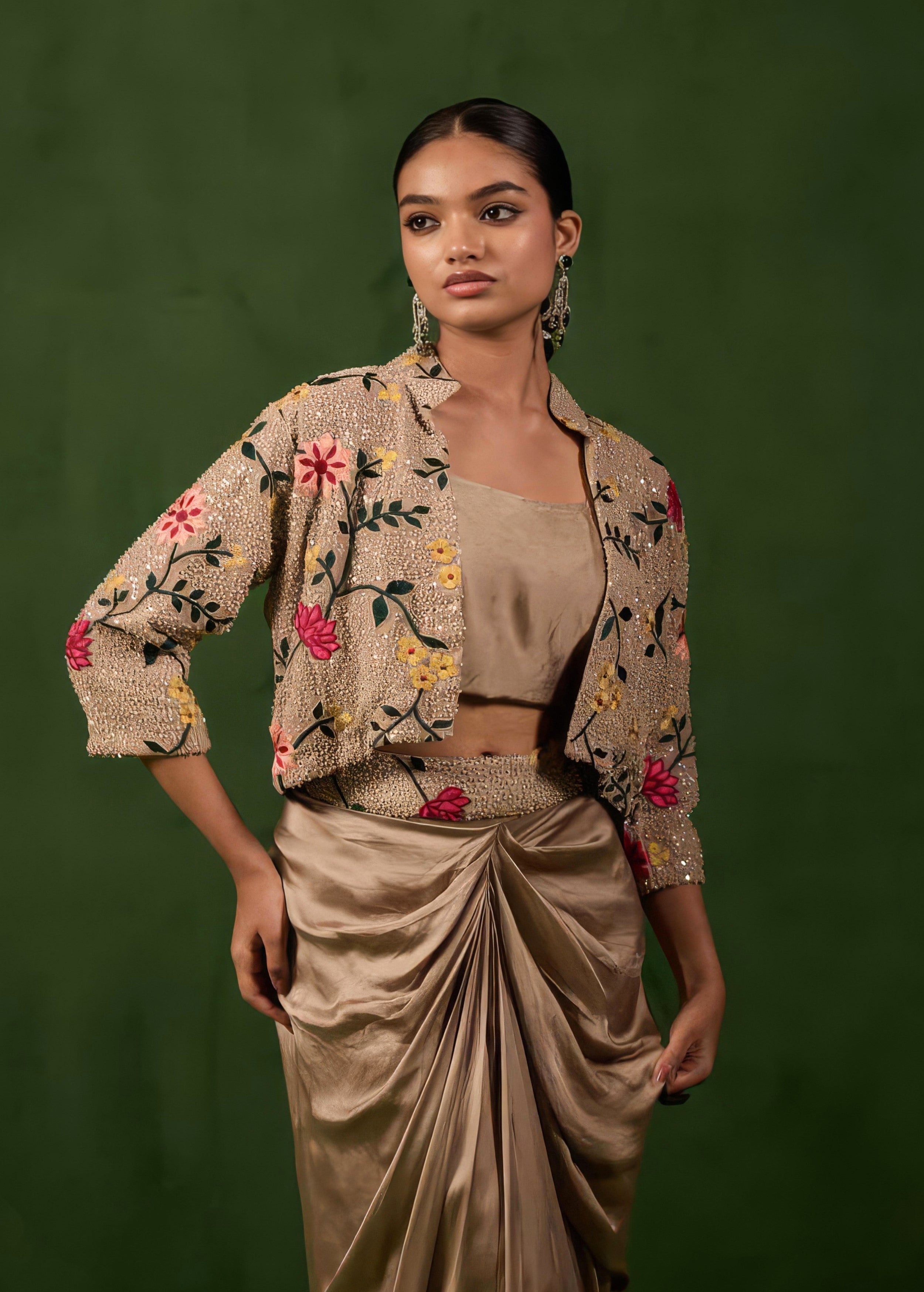 Desert Brown Embellished Satin Silk Skirt Set