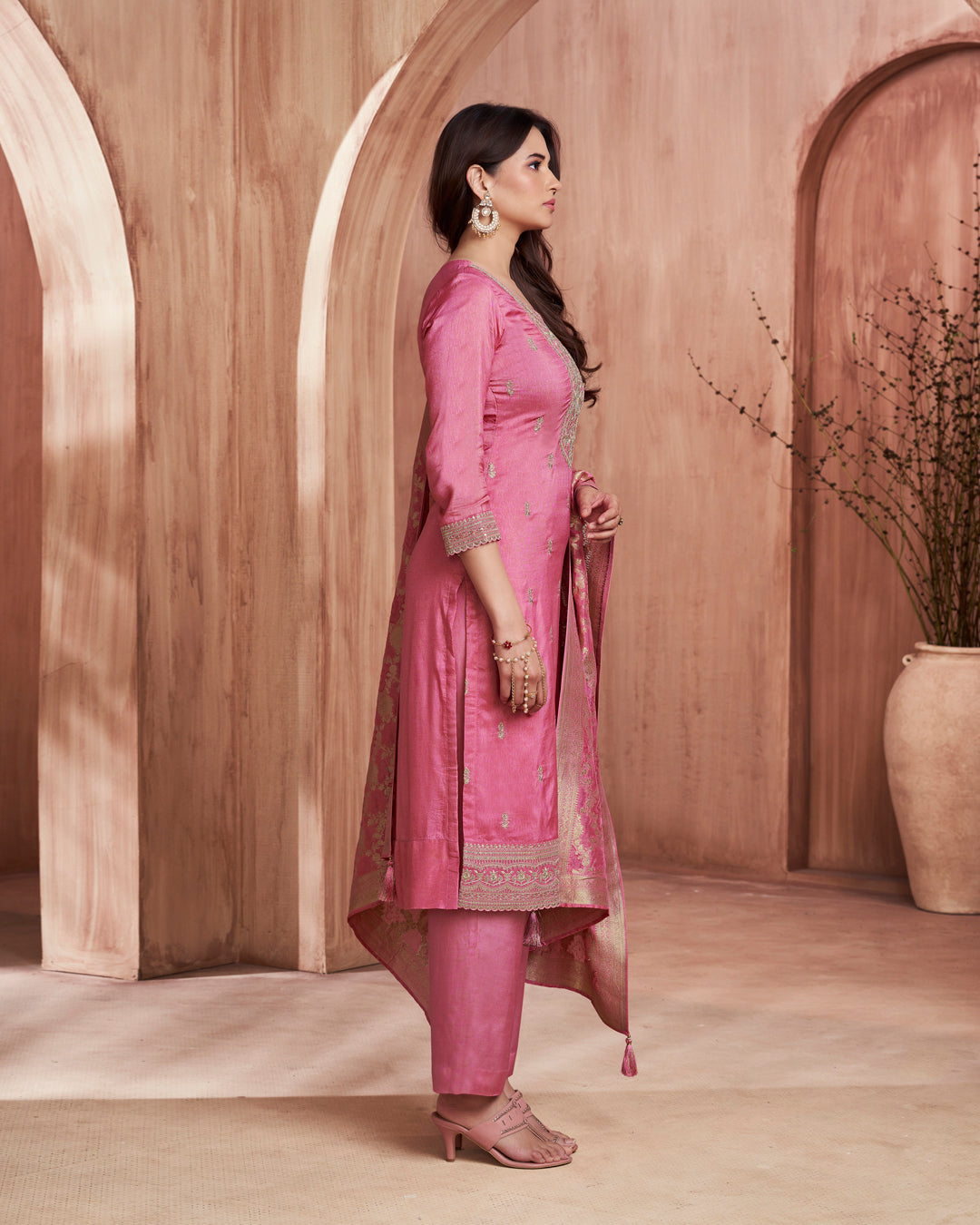 Rose Allure Embellished Dola Silk Pant Set