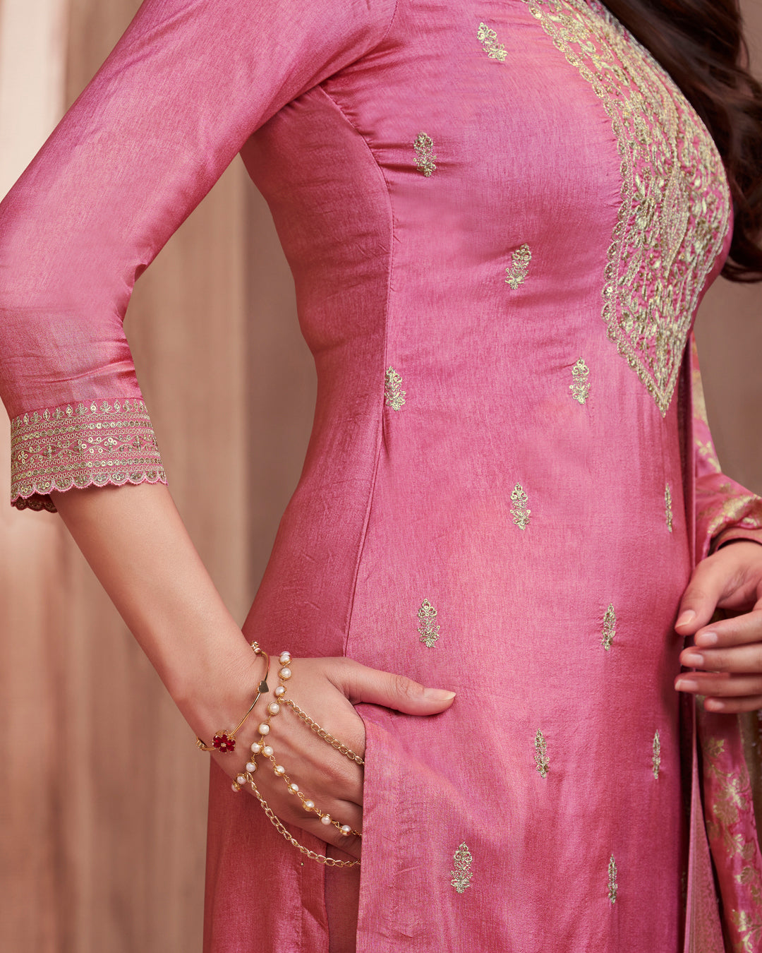 Rose Allure Embellished Dola Silk Pant Set