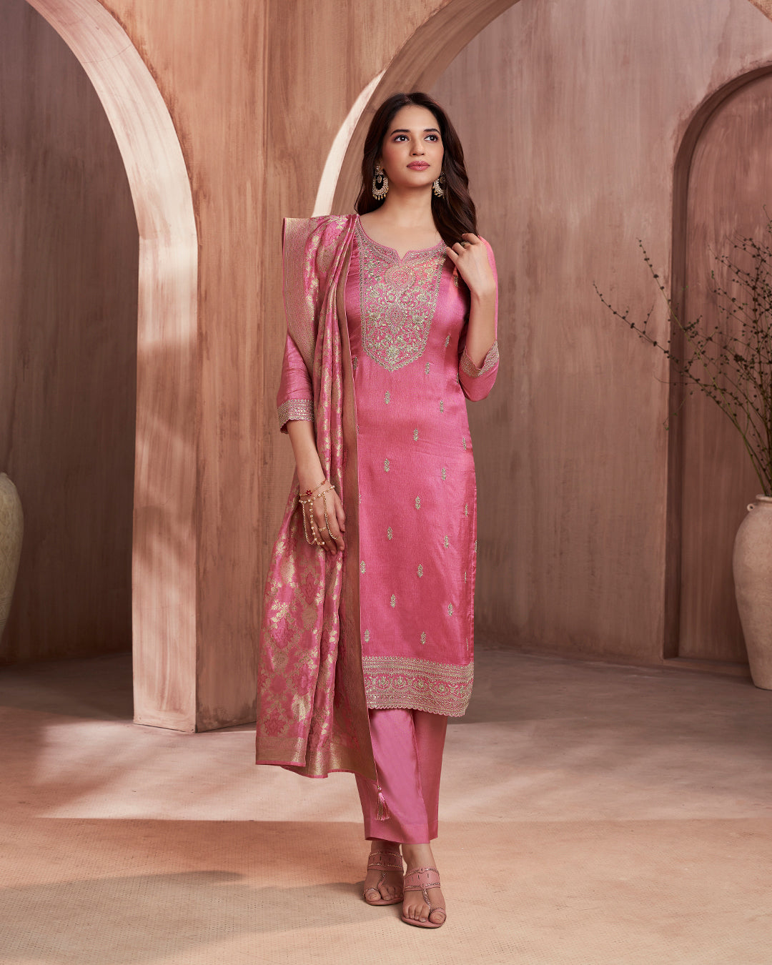 Rose Allure Embellished Dola Silk Pant Set