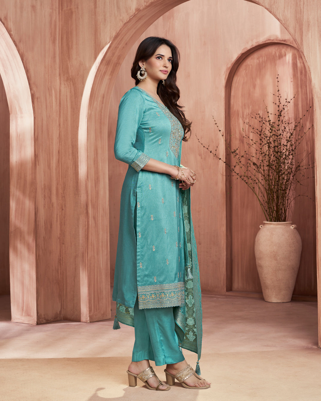 Seafoam Allure Embellished Dola Silk Pant Set