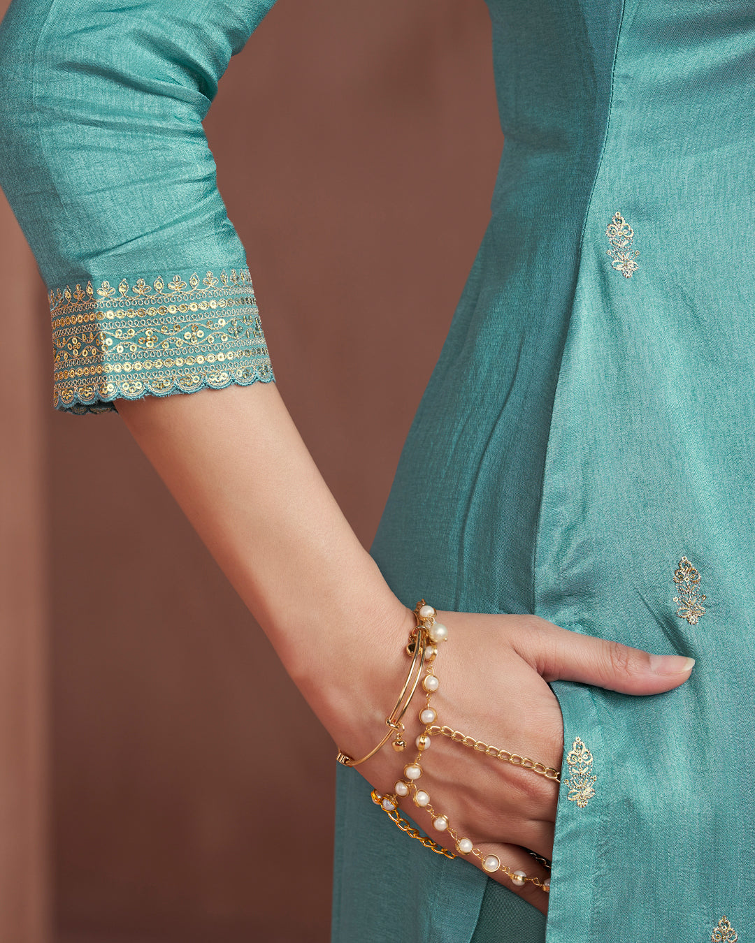 Seafoam Allure Embellished Dola Silk Pant Set