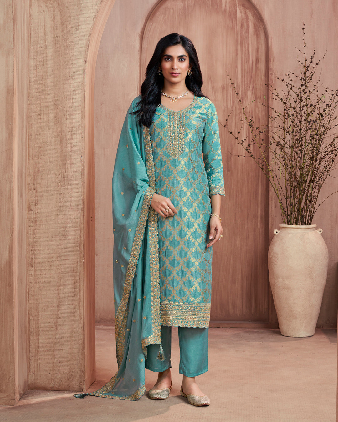 Aquamarine Glow Embellished Dola Silk Pant Set