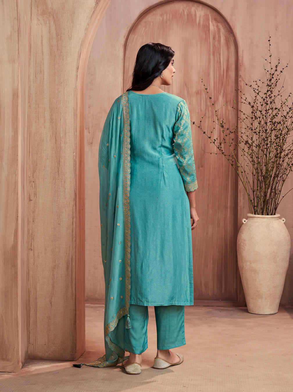 Aquamarine Glow Embellished Dola Silk Pant Set