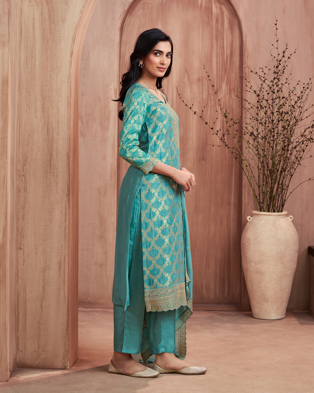 Aquamarine Glow Embellished Dola Silk Pant Set