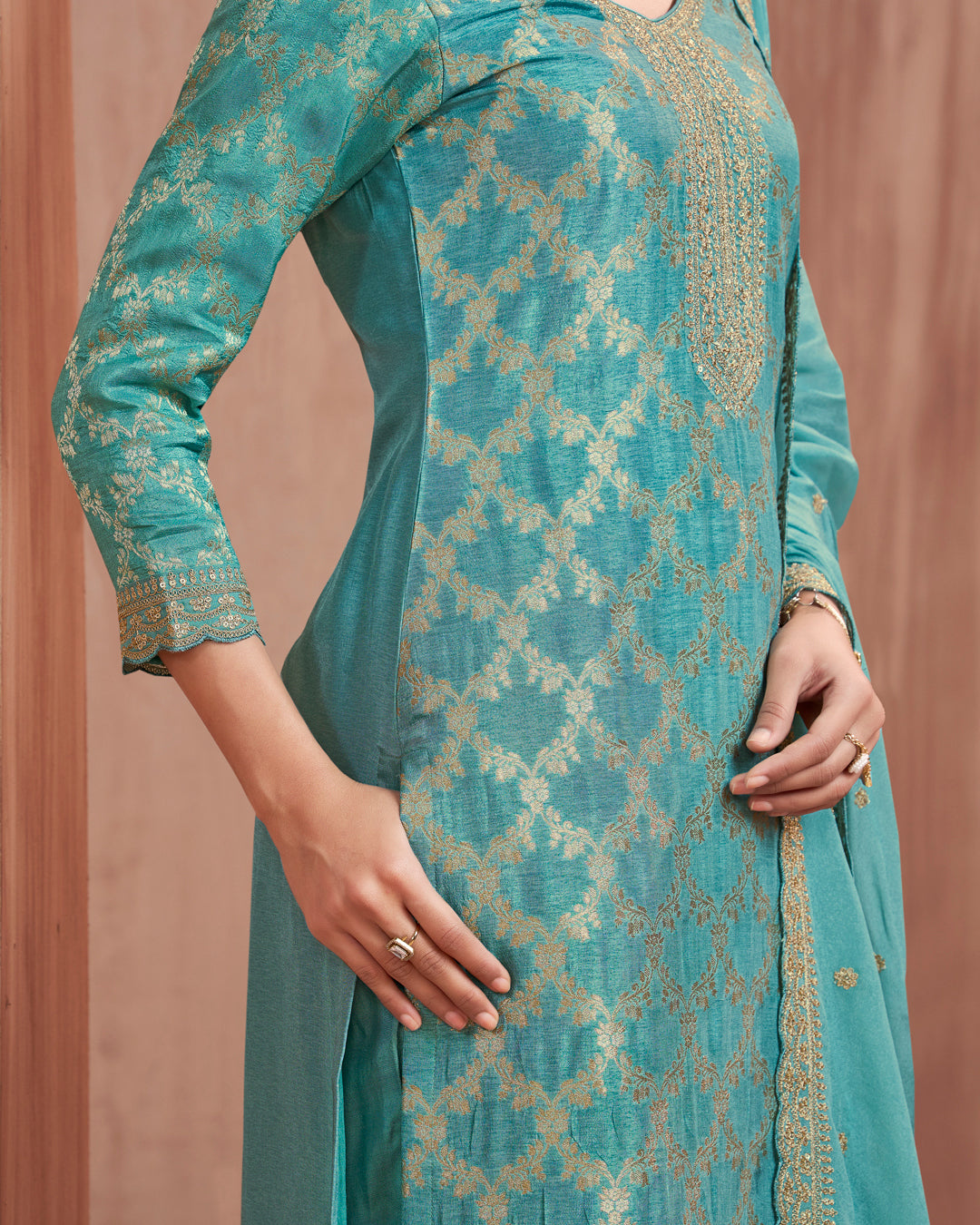 Aquamarine Glow Embellished Dola Silk Pant Set