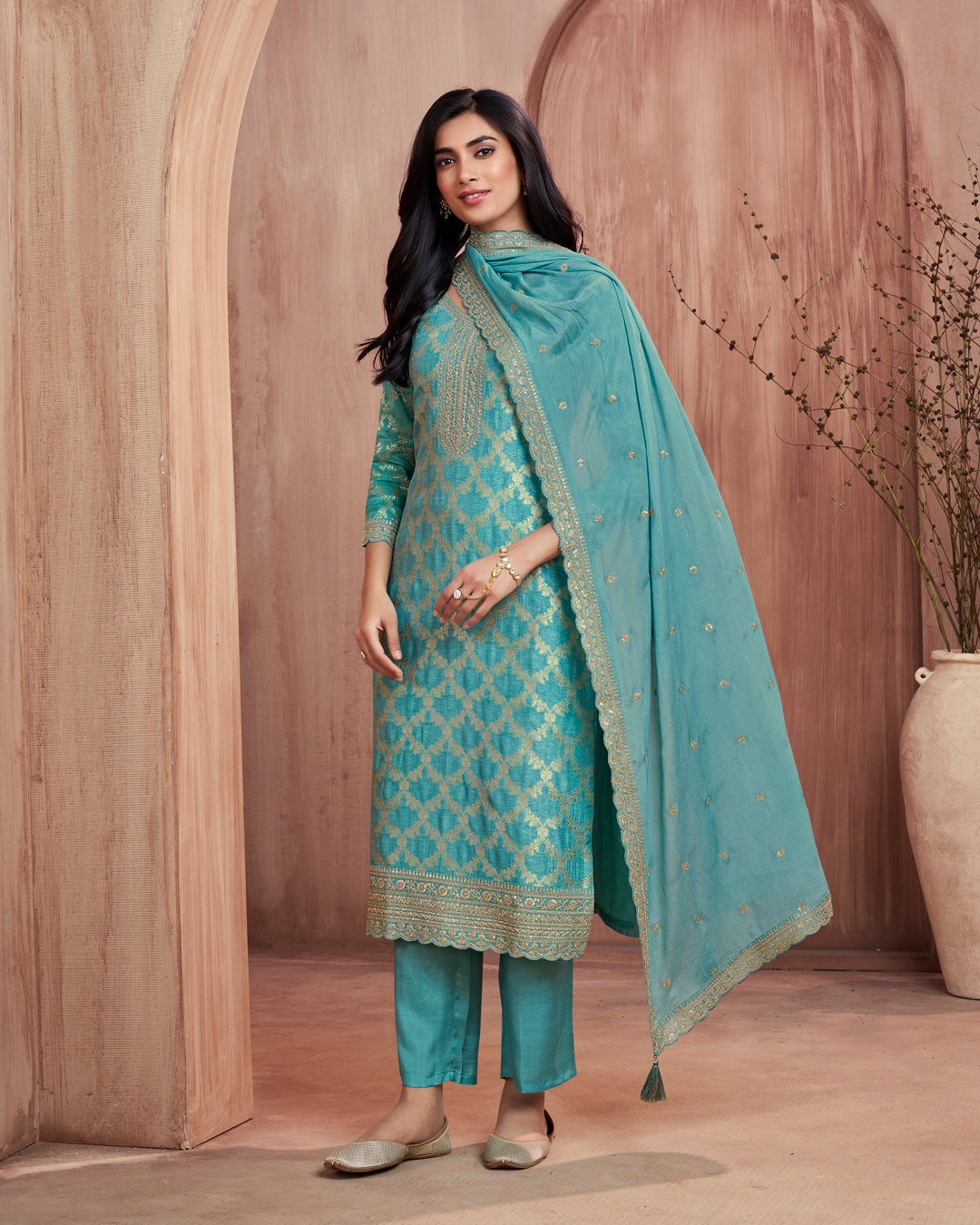 Aquamarine Glow Embellished Dola Silk Pant Set