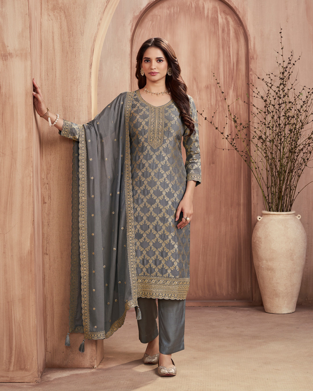 Steel Glow Embellished Dola Silk Pant Set