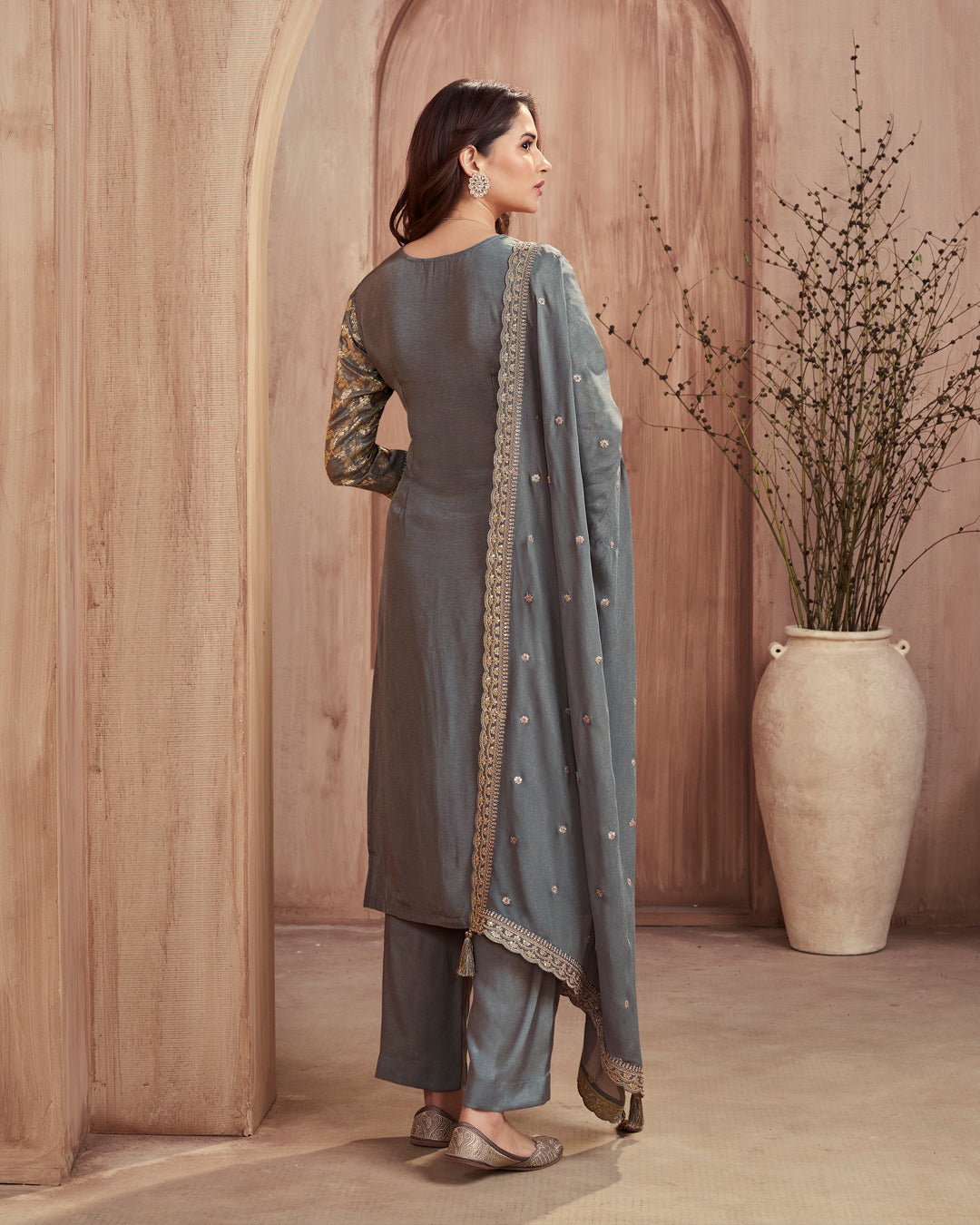 Steel Glow Embellished Dola Silk Pant Set