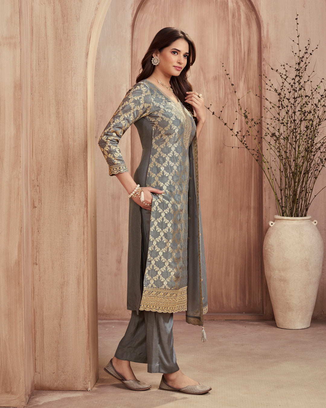 Steel Glow Embellished Dola Silk Pant Set